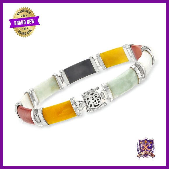 Sterling Silver Jade Bracelet 7.5 Inch Good Fortune Symbol